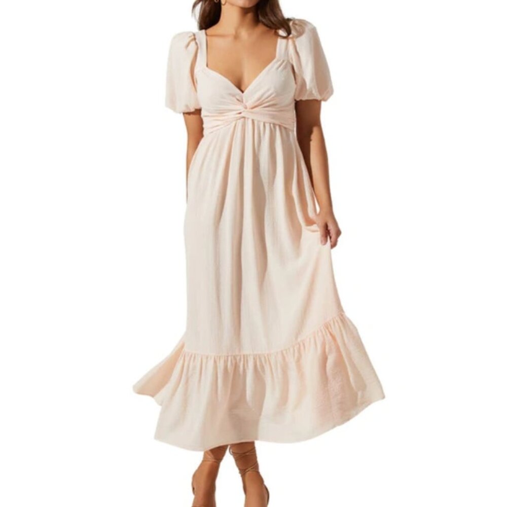 Astr The Label Tie Back Puff Sleeve Midi Dress Size M in Cream